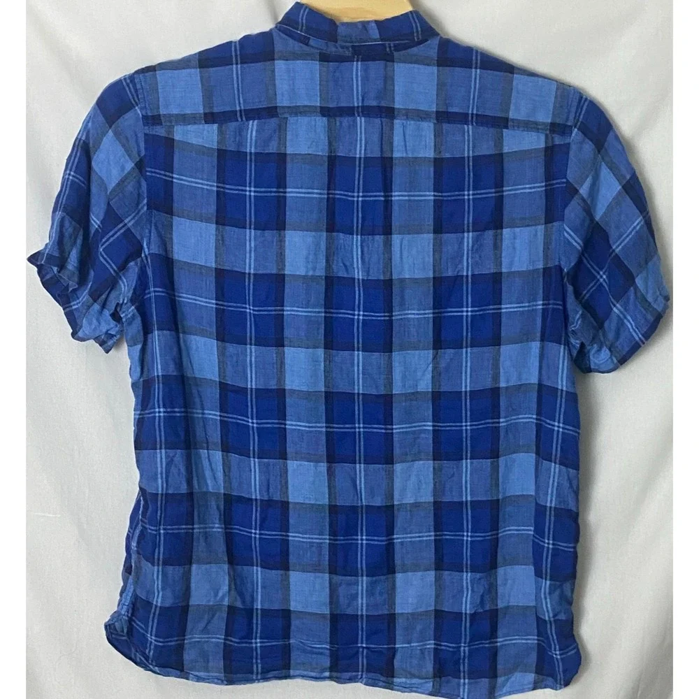 Banana Republic Linen Blue Plaid Shirt‎ Short Sleeve Camden Fit Button Up Sz XL